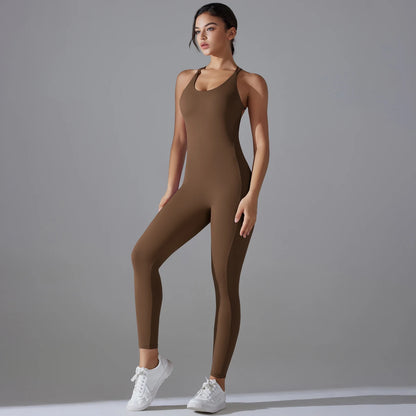 Sexy Backless Bodycon Scrunch Jumpsuit Raises Butt Women Dance Fitness Overalls Push Up Sleeveless Yoga Sport Jump Suit