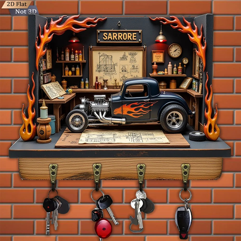 2D Flat, 1pc, Flame Car Key Hook, Wooden Multifunctional Home House Key Hook with 4 Metal Hooks, Wall Decoration, Porch