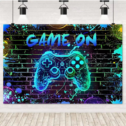 Game On Theme Video Gamer Kids Birthday Party Neon Green Gaming Next Level Up Background Baby Shower Decoration Supplies Props