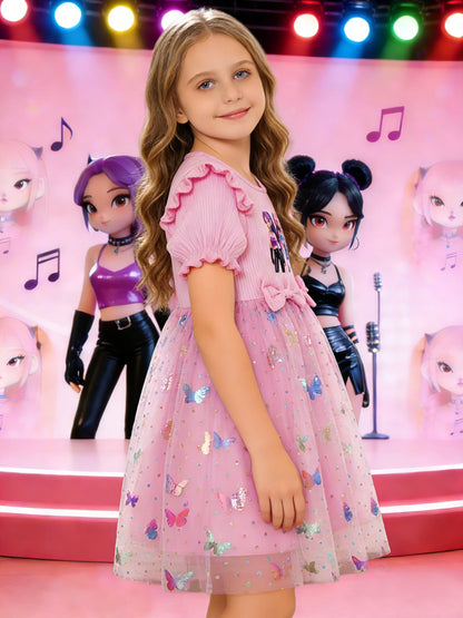 Girls' dress with sweet and cool girl group prints + double bows at the waist, puff sleeves, and a pink princess dress