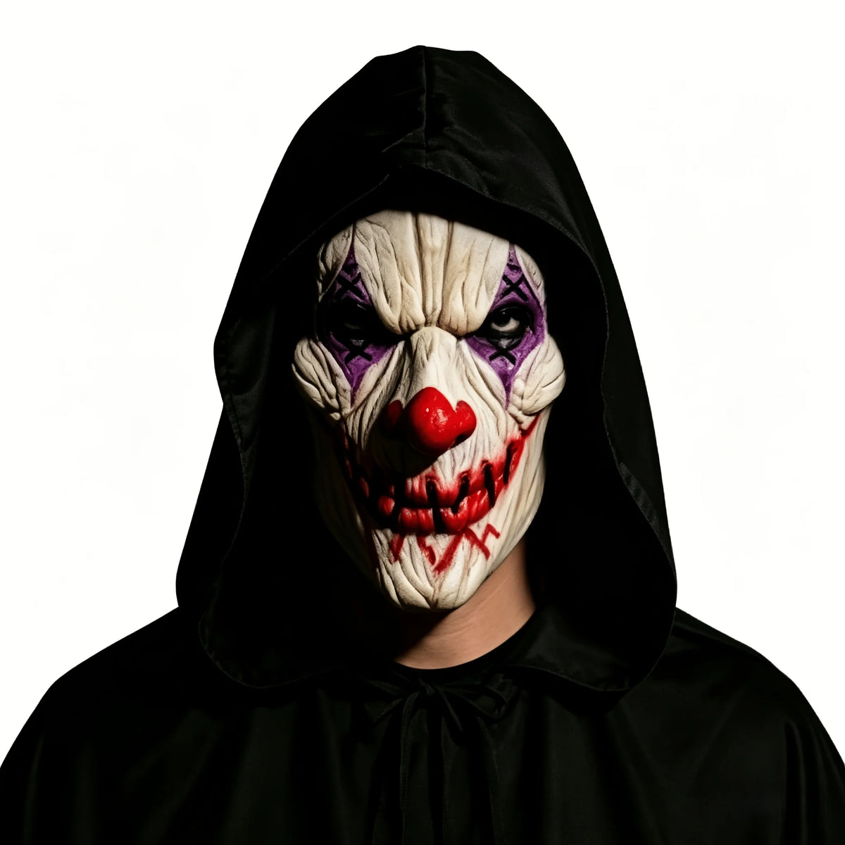 Horror Clown Latex Mask with Black Hood - Scary Stitched Face Mask for Halloween, Carnival, Music Festivals & Prank Gifts