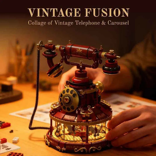 Retro Phone with LED Lighting Carousal Building Blocks Vintage Classic Creative Ornament Brick Model Kit Adults DIY Gift 1130PCS