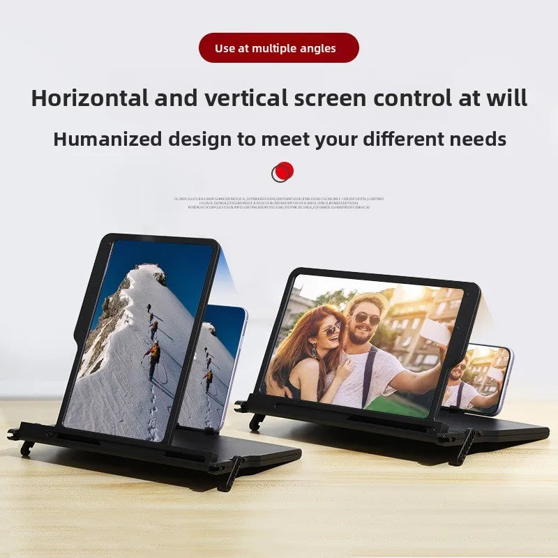 3D mobile screen amplifier showcasing multiple angle adjustments for desktop use.