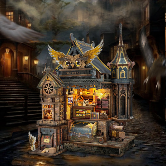 NEW DIY Wooden Miniature Model Kit Owl Post Office Casa 3D Puzzle Doll Houses With Furniture Lights for Friends Birthday Gifts