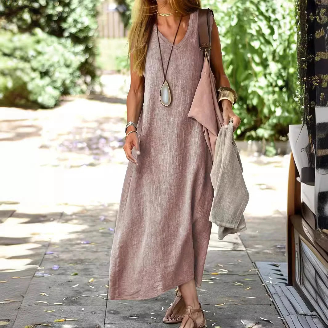 Women's V Neck Sleeveless Linen Dress Loose Solid Color Dress Breathable Lightweight Summer Beach Vacation Casual Cover Up