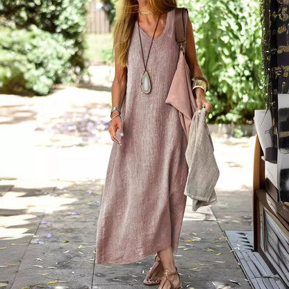 Women's V Neck Sleeveless Linen Dress Loose Solid Color Dress Breathable Lightweight Summer Beach Vacation Casual Cover Up