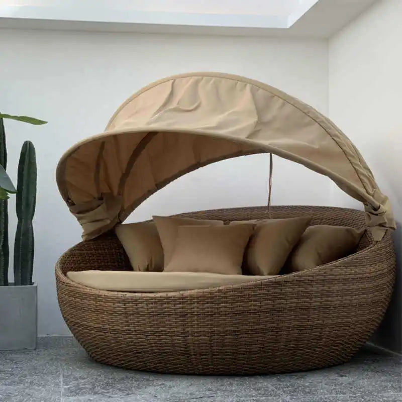 HYS outdoor rattan large round bed garden courtyard balcony bed recliner leisure creative lazy rattan chair sofa bed furniture