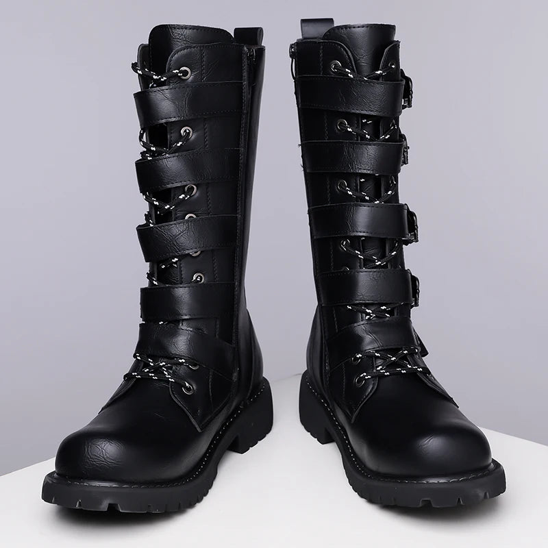 Winter Men Fashionable Boots with Belt Buckle Decoration Side Zipper Anti Slip Personalized Youth Knight Boots