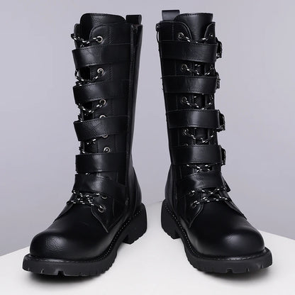Winter Men Fashionable Boots with Belt Buckle Decoration Side Zipper Anti Slip Personalized Youth Knight Boots