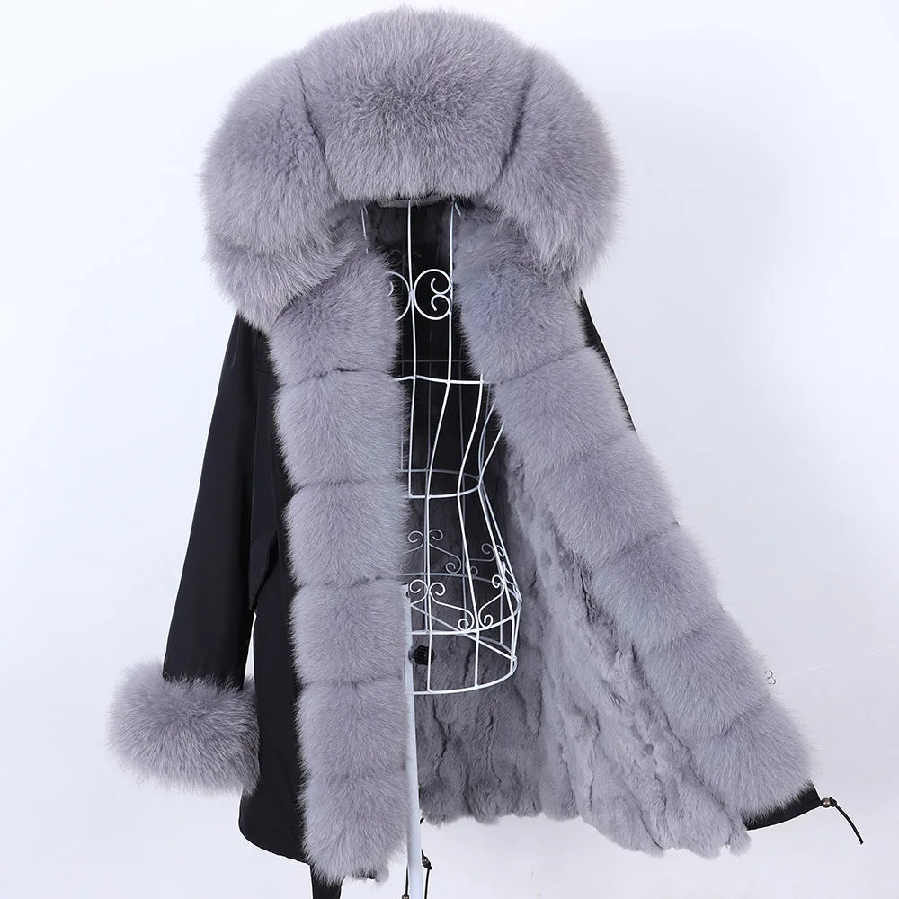 2026 Maomaokong Women's Winter Coats Rabbit Lining Jacket Natural Real Raccoon Fur Collar Parka Fox Fur Long Female Clothing