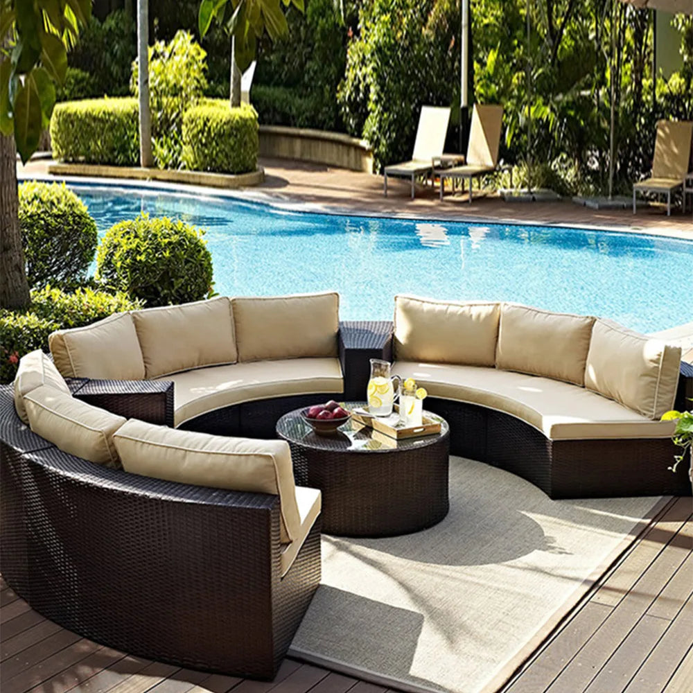 Outdoor round rattan sofa combination garden courtyard semi-circular rattan chair sofa outdoor hotel curved living room sofa