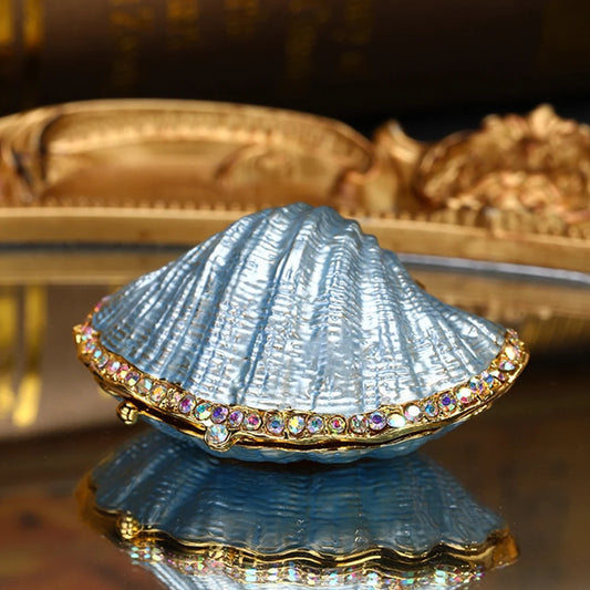 Vintage Pearl Mussel Hinged Trinket Box Metal Enameled Figurines Collectible X'Mas Gift Ring Holder Organizer Home Wedding Decor