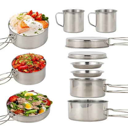 8 pcs/set camping cookware mess kit stainless steel cooking pot and pan set with plates cups for outdoor hiking backpacking