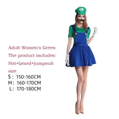 Anime Super Luigi Brothers Cosplay Adult Costume Super Brothers CostumeJumpsuit Beard Hat Set Halloween Costume Props Men Womens