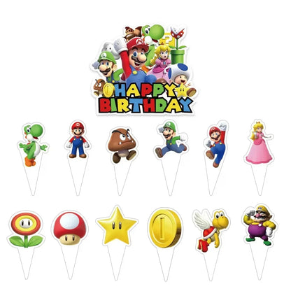 Mario Luigi Peach Princess Yoshi Toad Cake Insertion Cards Banner Spiral Tablecloth Mario Theme Birthday Party Carvinal Props