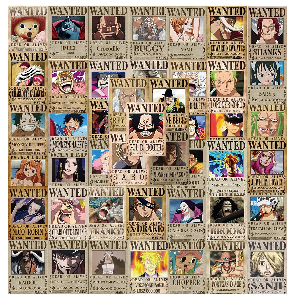 10/30/56PCS Small Anime One Piece Wanted Posters Stickers Cool Cartoon Decal Laptop Diary Phone Decoration Wall Graffiti Sticker