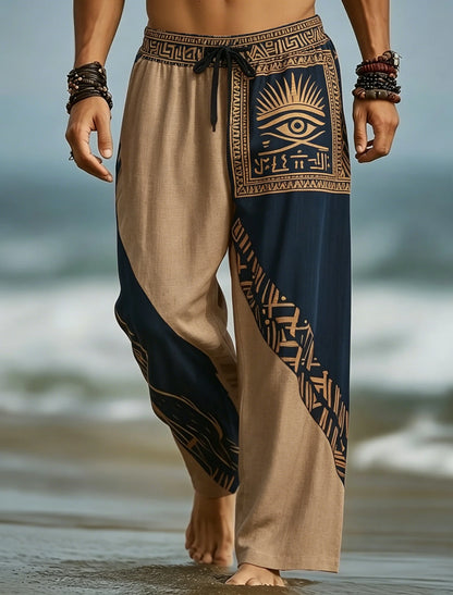 Men's Drawstring Waist Patchwork Tribal Geometric Print Long Pants, Relaxed Loose Fit For Spring Summer Beach Daily Wear