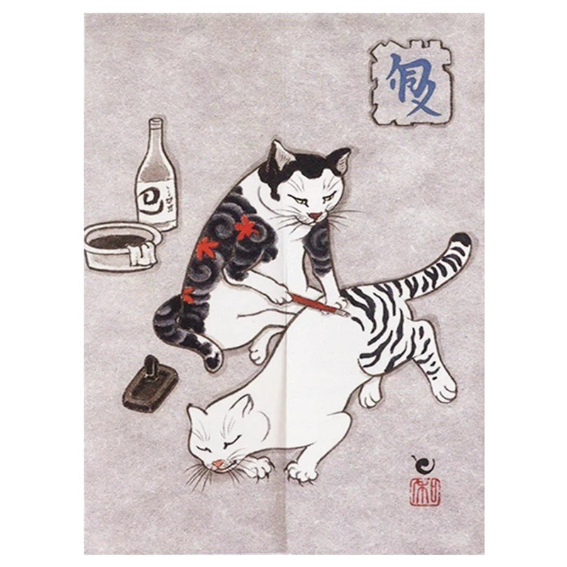 Japanese Ukiyo-e Tattoo Cat Noren Door Curtain Printed Doorway Curtain Kitchen Bedroom Entrance Decoration Hanging Half-Curtains