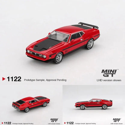 MINIGT 1/64 Ford Mustang Mach1 1971 Race Red Super Car Model Car Vintage Cars Diecast Vehicle Collection Model With Display Case