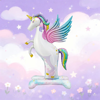 Giant 3D Self-Standing Unicorn Foil Balloon with Stable Base, Rainbow Gradient Unicorn with Wings Inflatable Mylar Balloon for K