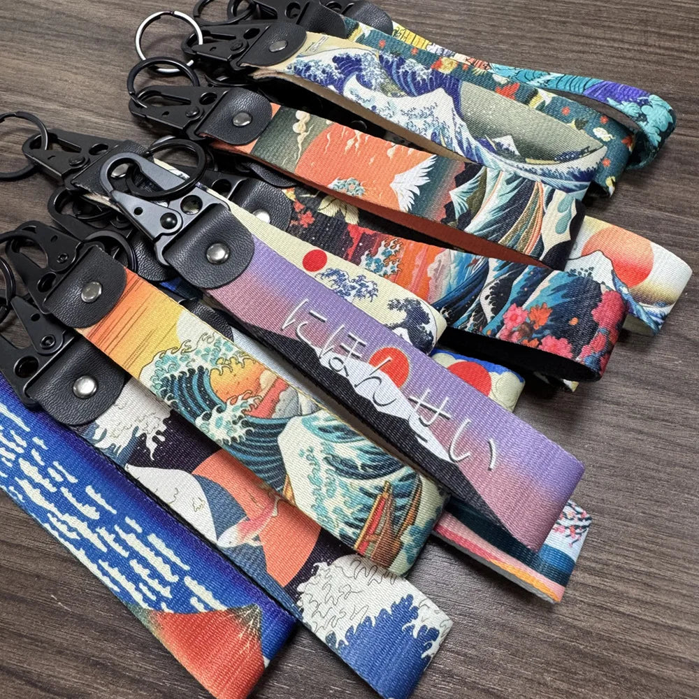 JDM Style Ukiyo-e Crane Keychain Racing Modified Nylon Motorcycle Keyring Auto Key Holder Accessories
