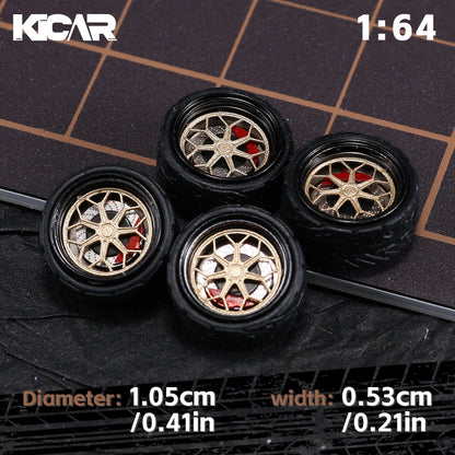 Kicarmod 1/64 10.5mm Alloy Model Wheels with Magnetic Hub Caps-with Rubber Tires for Tomica Custom Diecast Cars