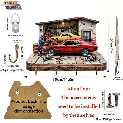 2D Flat Classic Muscle Car Garage Key Holder, 4 Hooks Wooden Wall Mount, Retro Mechanic Print Key Rack for Men