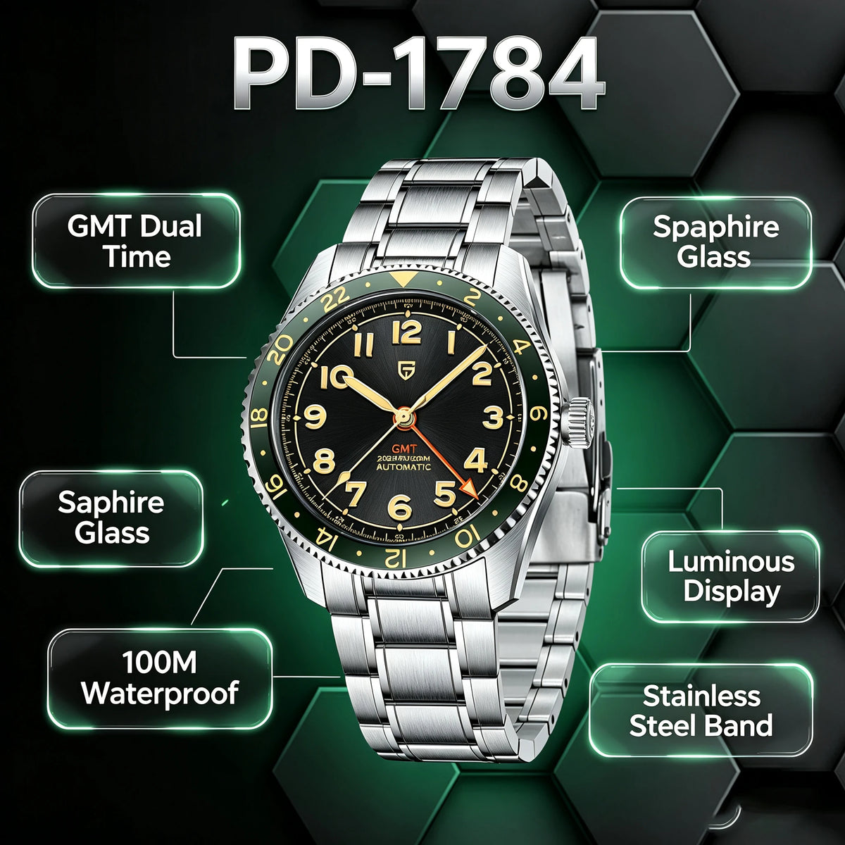 PAGANI DESIGN GMT Automatic Watch For Men 40MM Vintage Dial Sapphire 200M Waterproof Luminous Stainless Mechanical Wristwatch