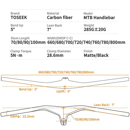 TOSEEK Handlebars MTB Bicycle Integrated Handlebar and Stem -17 Degrees Carbon Fibre Handle Bar Mountain Bike Parts 28.6mm