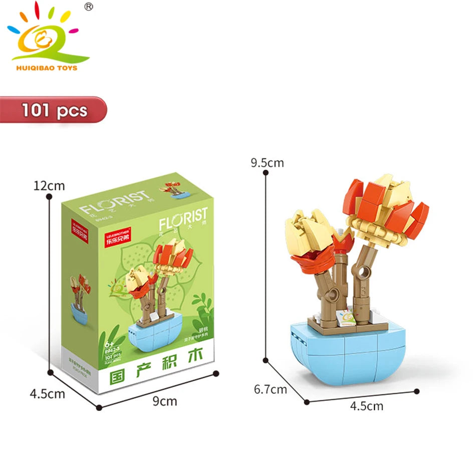 HUIQIBAO MOC Flower Succulent Potted Model Building Block DIY Eternal Bouquet Home Desk Plant Decor Brick Girl Gift Children Toy