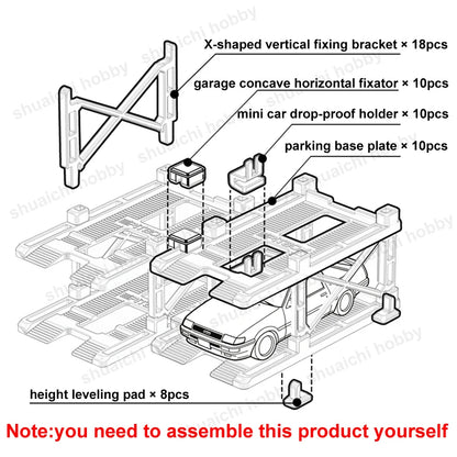 1Set 1/64 Scale Parking Garage Assembly Part ABS Storage Rack Freely Combinable for Model Diecast Car Collection/Desktop Display