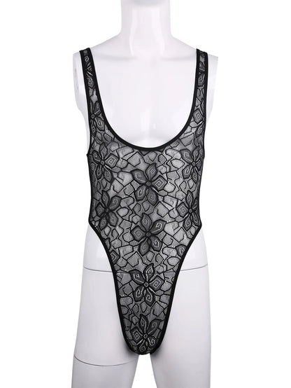 Men's One-piece High Cut G String Underwear Wrestling Singlet Leotard Sheer Bodysuit Thongs Sissy Lingerie See Through Nightwear