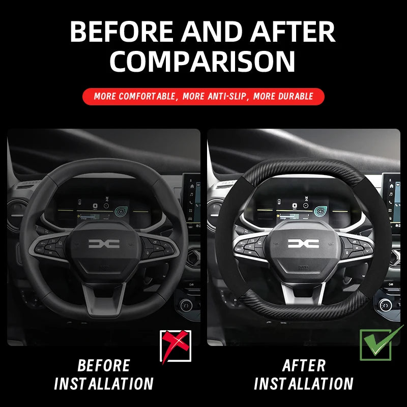 Suitable for Dacia Suede Matte Carbon Fiber Texture Steering Wheel Cover, Suitable for Models Such as Sandero Stepway, Duster, Jogger, Bigster, Spring, Electric, Cargo, Logan, Etc., Black Mocha Car Accessories