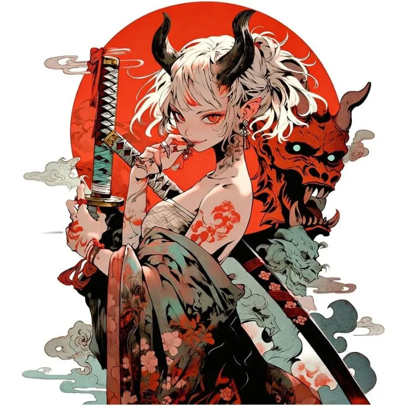 1Pc Japanese Demon Samurai Anime Girl Vinyl Sticker featuring a fierce anime samurai girl with a red background.