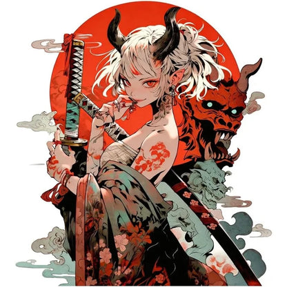 1Pc Japanese Demon Samurai Anime Girl Vinyl Sticker featuring a fierce anime samurai girl with a red background.