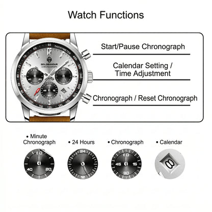 Men's Luxury Watch GOLDENHOUR Green Chronograph Quartz Leather Waterproof Luminous Military Sport Wristwatch Relogio Masculino