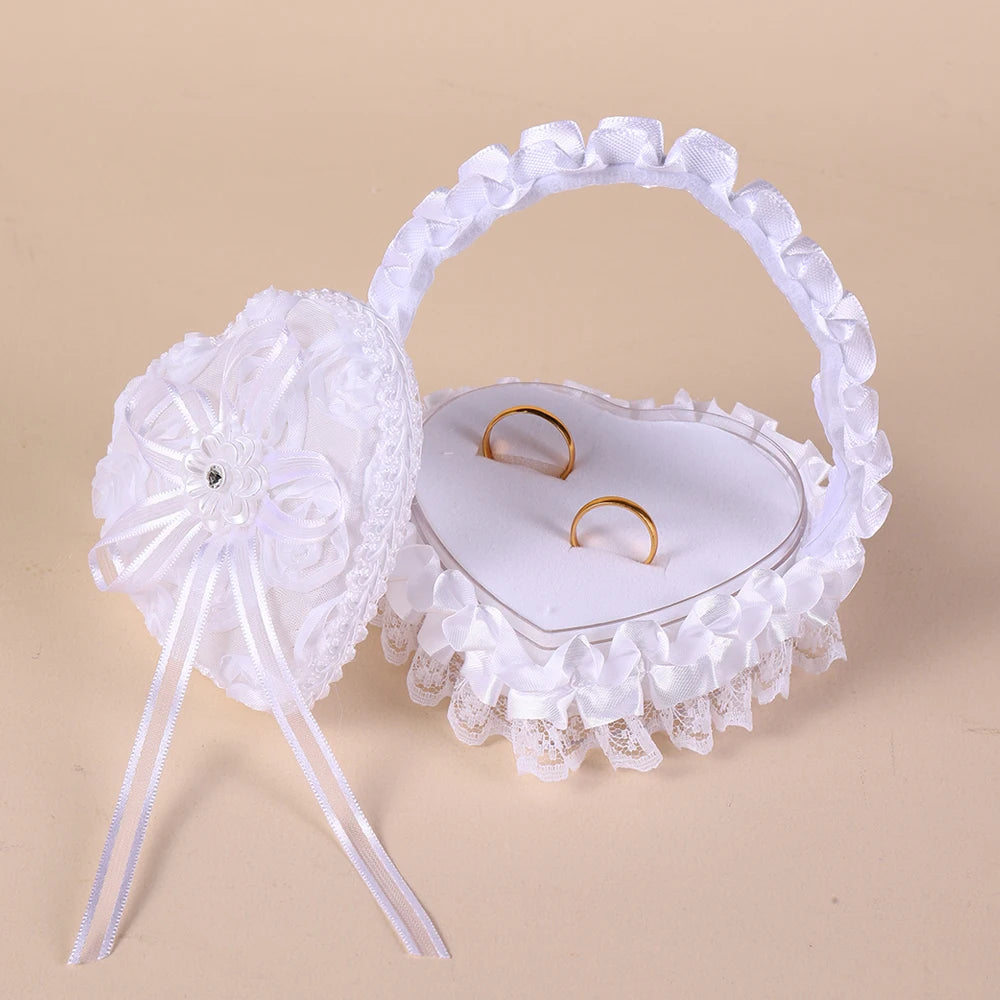 White Lace Heart Shaped Wedding Ring Box with Handle, Bridal Ring Bearer Pillow Box for Ceremony, Engagement Ring Holder Gift
