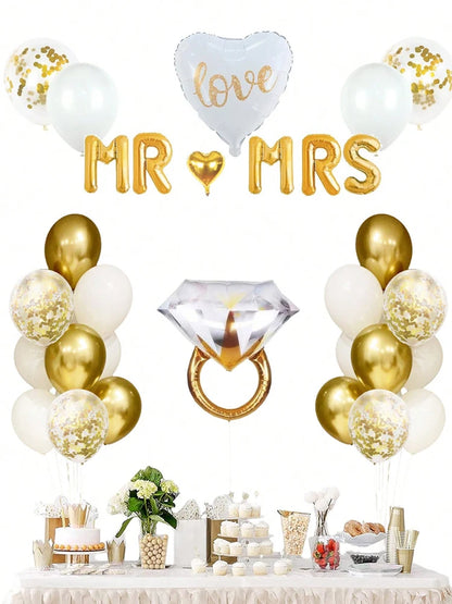 32pcs Gold Engagement Party Decorations, Heart Shaped Love Balloons, Gold Engagement Rings, Bachelorette Wedding Bridal Shower