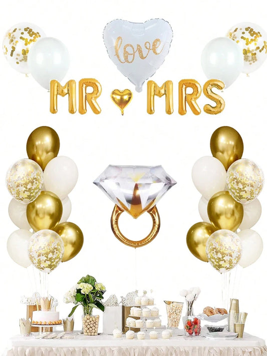 32pcs Gold Engagement Party Decorations, Heart Shaped Love Balloons, Gold Engagement Rings, Bachelorette Wedding Bridal Shower