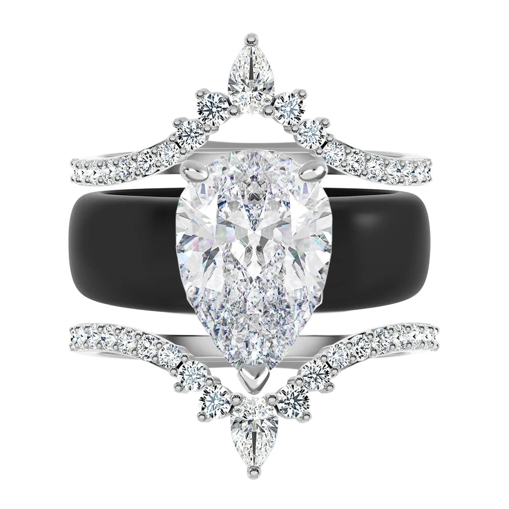 Black Silicone Crown Wedding Ring Set Pear Cut Zircon 3pcs Stackable Engagement Band for Women Bridal Gift Jewelry