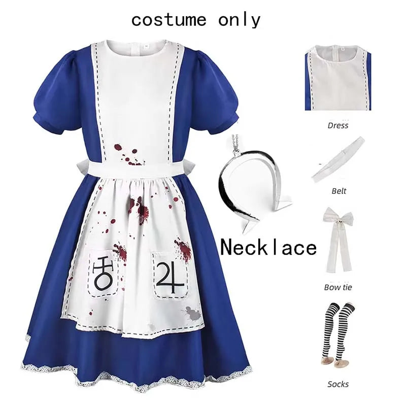 Women's Anime Alice Cosplay Costume with Necklace Alice Dress Maid Apron for Halloween Game Madness Returns Theme Girls' Outfit