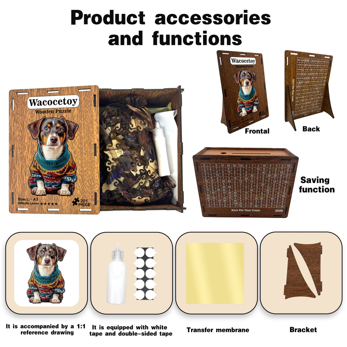 Wacocetoy 201 Pieces Wooden Dog Jigsaw Puzzle A3/A4 Size with Savings Box Decorative Puzzle for Adults Kids Family Game with Bra