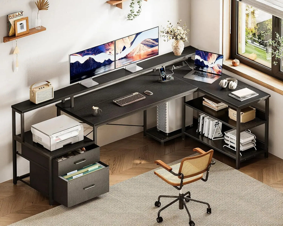 #75" L Shaped Desk with File Drawers, Work from Home Office Desk with Power Outlet, Reversible Computer Desk with, Customized