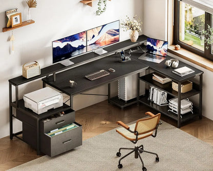 #75" L Shaped Desk with File Drawers, Work from Home Office Desk with Power Outlet, Reversible Computer Desk with, Customized