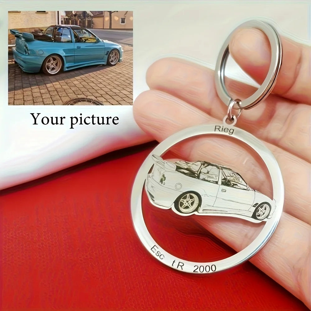 Stainless Steel Round Custom Keychain, Customized with Cartoon Photos of Sports Cars, Motorcycles, and Bicycles, Fashionable Keychain for Racing Enthusiasts and Men