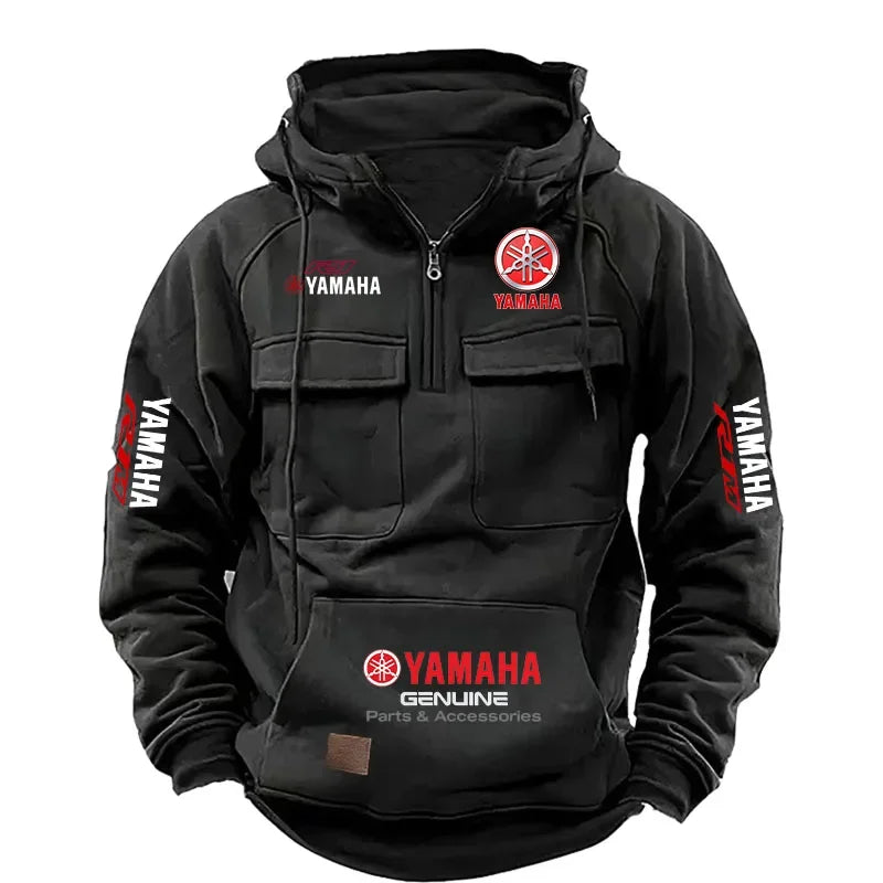 2026 New YAMAHA Logo Men Retro Velvet Half Zip Hoodie Multi Pocket Motorcycle Racing Sweatshirt Autumn Winter Casual Outerwear