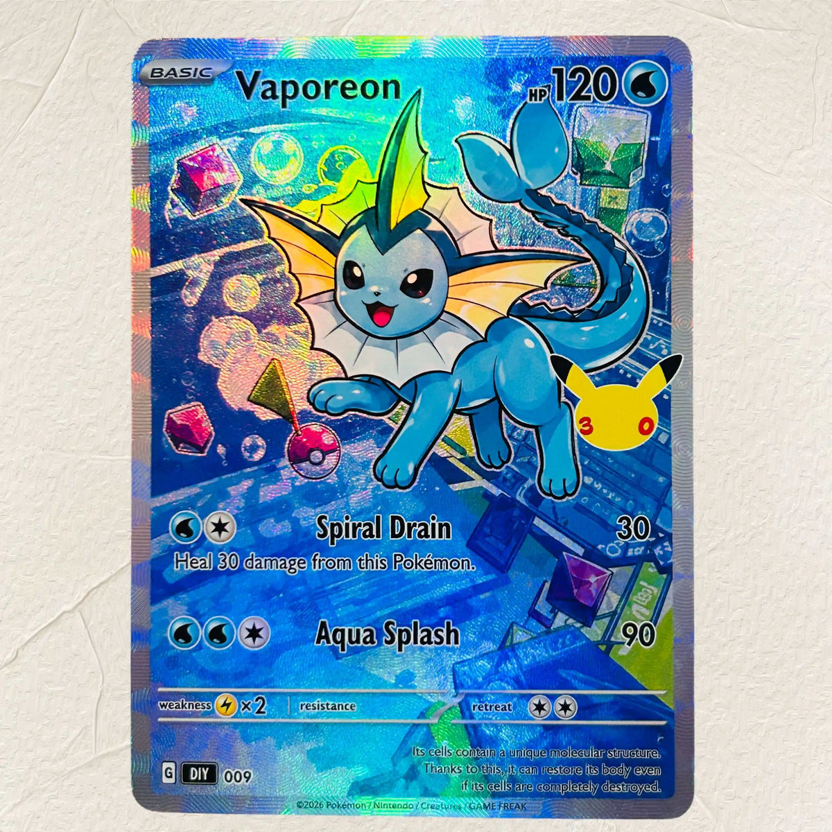 DIY Vaporeon 009 Foil Texture Cards English Version Collectible Grade Premium Anime Collection Cards