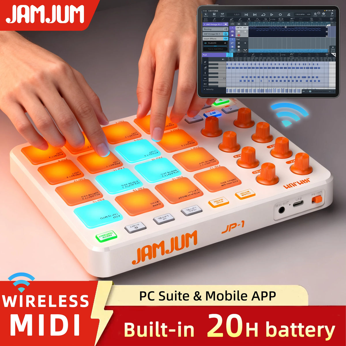 JAMJUM JP-1  Wireless MIDI Controller Pad with 16 RGB Backlit Led USB-C Interface Portable Design Small MIDI Pad