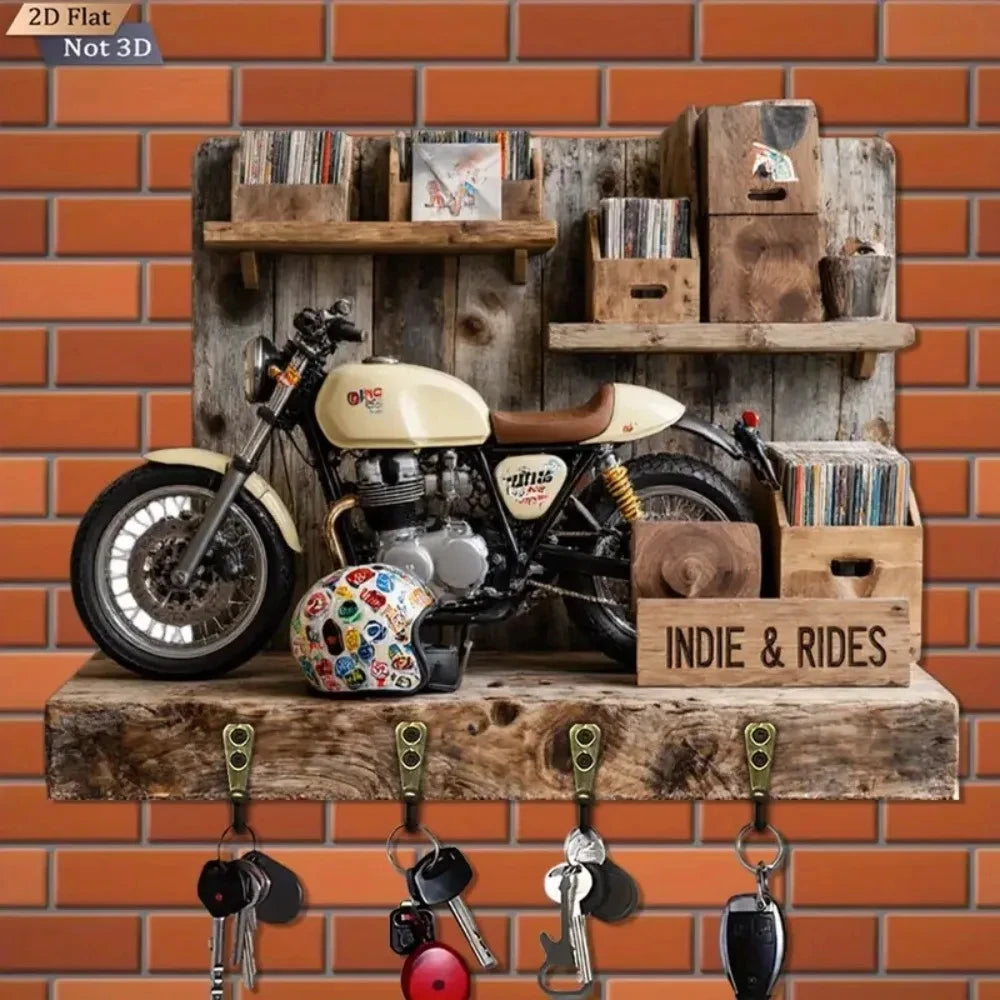 2D Retro Motorcycle Display - Wooden Key Holder with Four Metal Hooks, Home, Living Room, Room, Wall, Porch, Garage Decoration