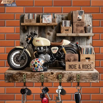 2D Retro Motorcycle Display - Wooden Key Holder with Four Metal Hooks, Home, Living Room, Room, Wall, Porch, Garage Decoration